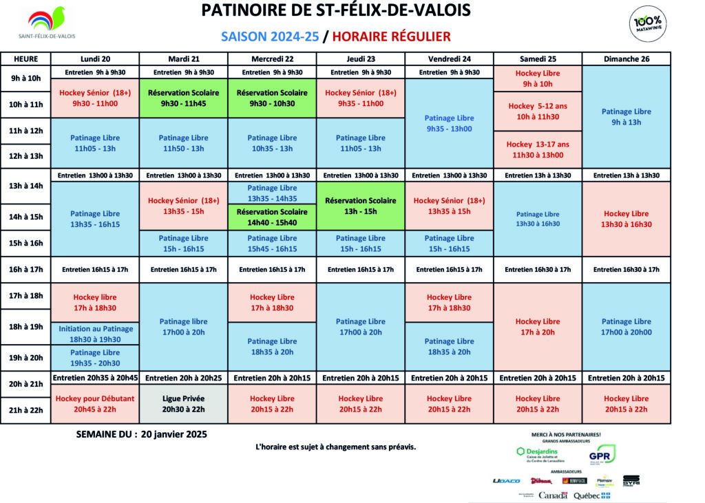 Horaire-Patinoire_St-Félix_20 janvier 2025