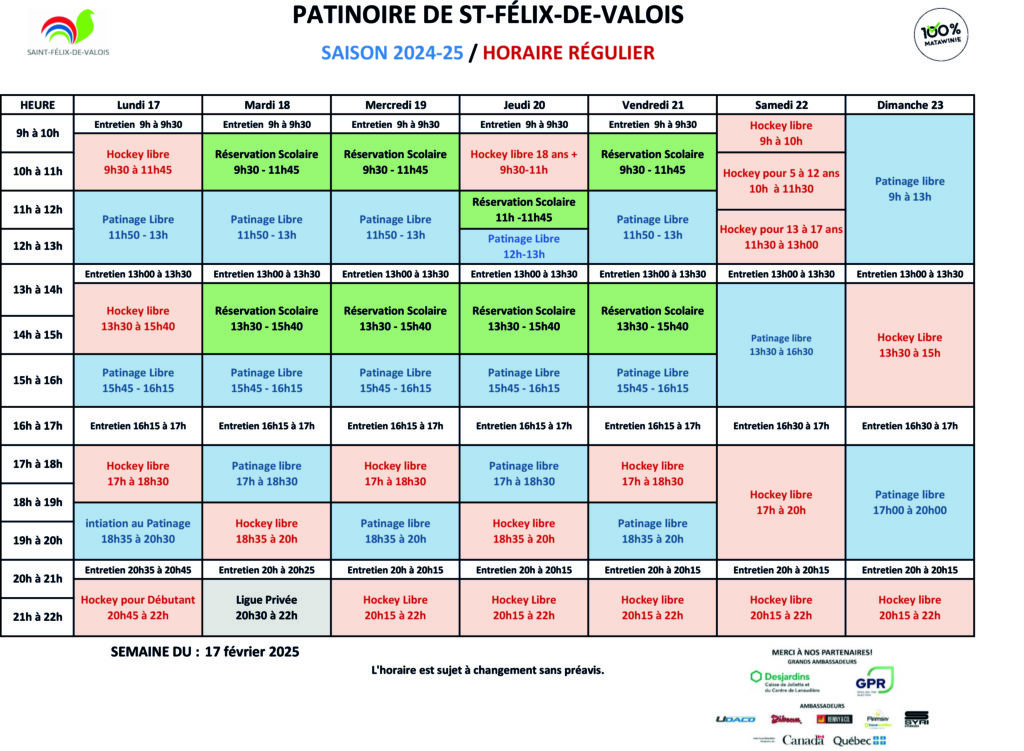 Horaire-Patinoire_St-Félix_-17 février 2025_V2