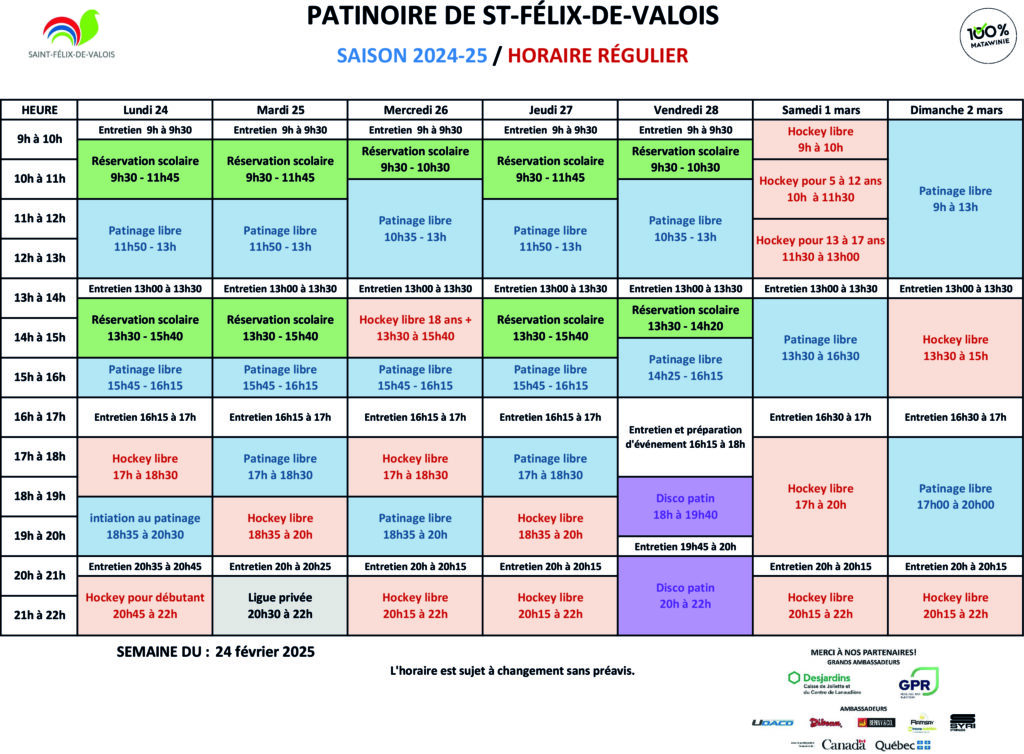 Horaire-Patinoire_St-Félix-24 février 2025